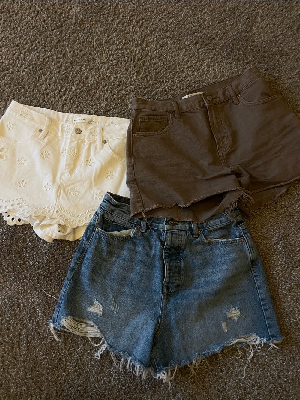 Zara White Eyelet, Brown Frayed & Blue Distressed Denim Shorts Trio